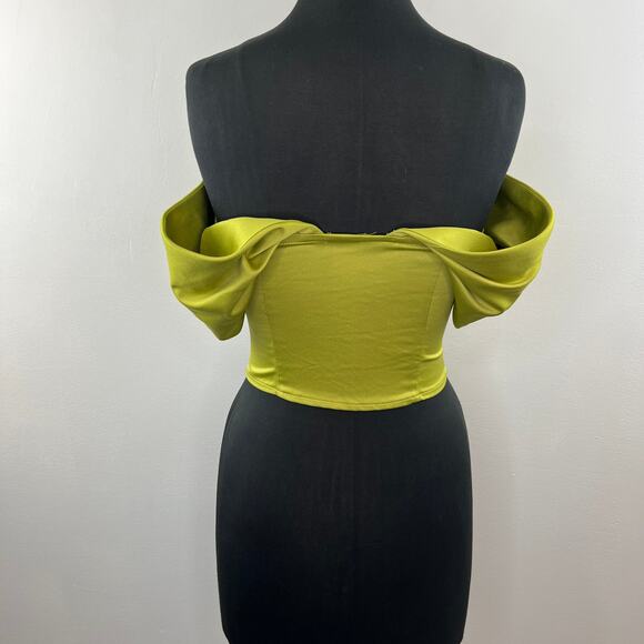 PrettyLittleThing Green 6 Corset Top Off The Shoulder Drape Sleeve Bodycon fit - Picture 5 of 7